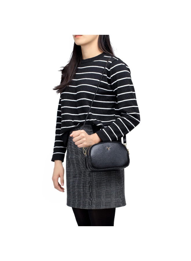Small Genuine Leather Crossbody Shoulder Handbag with Triple Zipper, Gold Hardware, Black - Image 3
