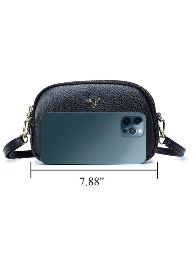 Small Genuine Leather Crossbody Shoulder Handbag with Triple Zipper, Gold Hardware, Black - Image 5