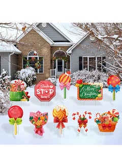 Qpout 10 Pcs Candy Christmas Yard Signs Santa Stop Here Yard Decorations Outdoor Lollipop Christmas Garden Signs With Stakes Winter Holiday Pathway Lawn Decorations Merry Xmas Decor Supplies  - Image 1