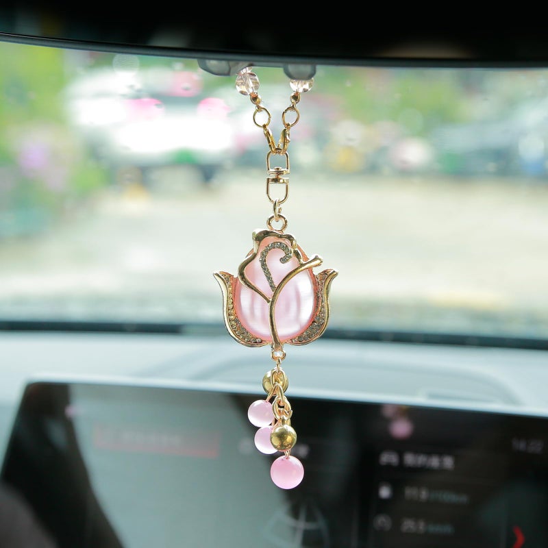 YGMONER Tulip Car Mirror Hanging Ornaments Pink Cat's Eye Stone Flower Charm - 9 Inch Elegant for Women's Auto Decor Accessories - Image 5