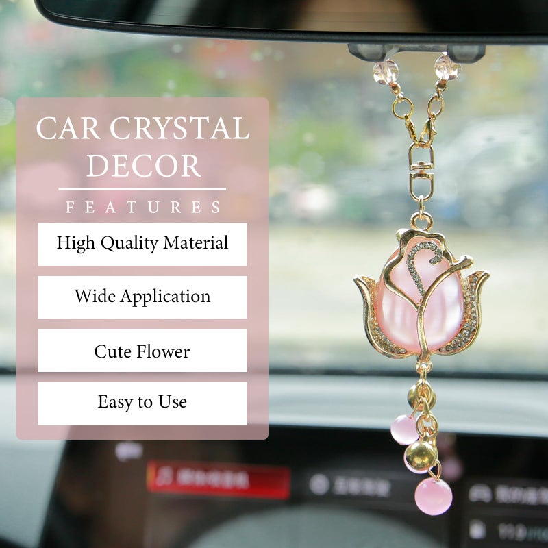 YGMONER Tulip Car Mirror Hanging Ornaments Pink Cat's Eye Stone Flower Charm - 9 Inch Elegant for Women's Auto Decor Accessories - Image 2