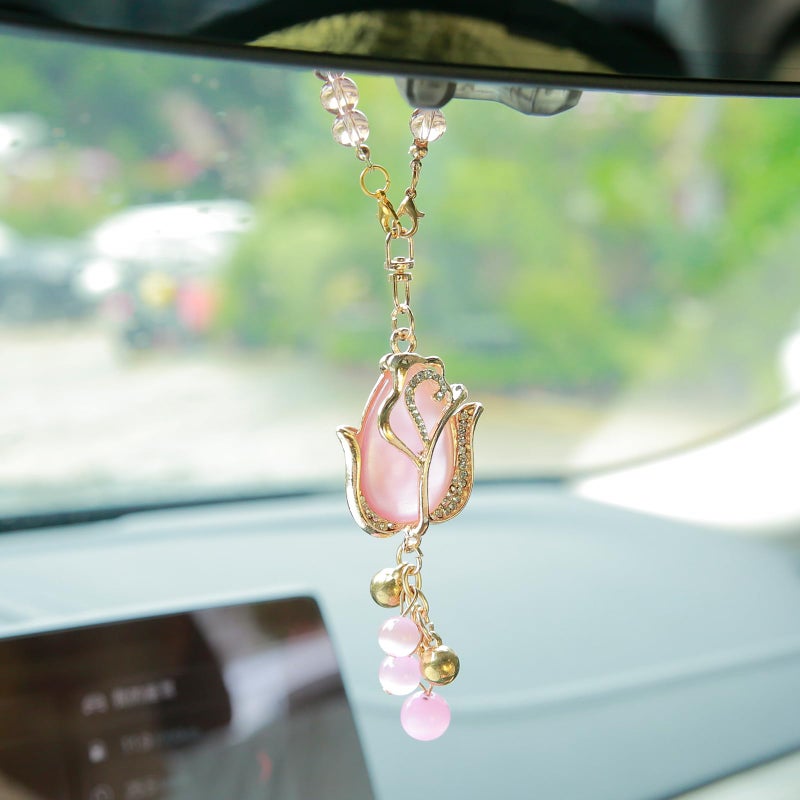 YGMONER Tulip Car Mirror Hanging Ornaments Pink Cat's Eye Stone Flower Charm - 9 Inch Elegant for Women's Auto Decor Accessories - Image 1