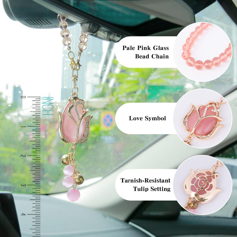 YGMONER Tulip Car Mirror Hanging Ornaments Pink Cat's Eye Stone Flower Charm - 9 Inch Elegant for Women's Auto Decor Accessories - Image 3