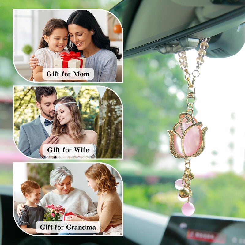 YGMONER Tulip Car Mirror Hanging Ornaments Pink Cat's Eye Stone Flower Charm - 9 Inch Elegant for Women's Auto Decor Accessories - Image 4
