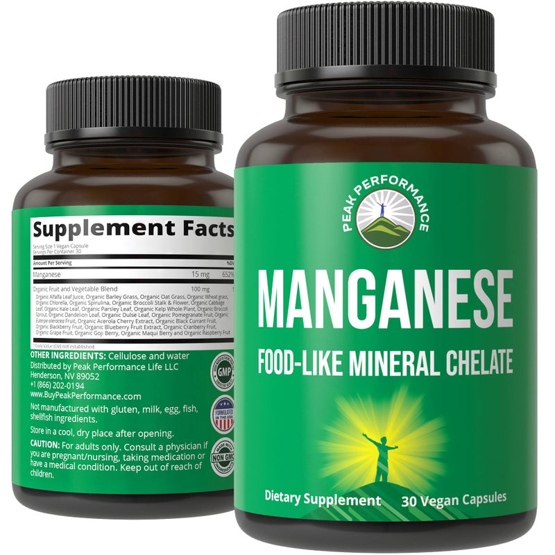 Peak Performance Manganese Supplement Food Like Mineral Chelated For Superior Absorption With Whole Food Blend Of 25 Fruits Vegetables Pure Trace Mineral Capsules For Connective Tissue Bone Health Enzyme Support