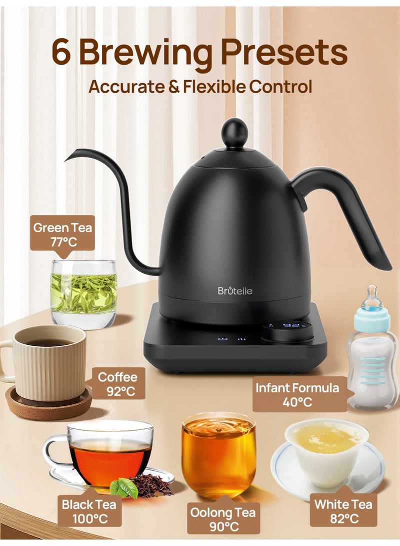 Brutelle Electric Gooseneck Kettle 0.8L Matte Black 1200W Fast Heating Adjustable Temperature Rotary Push Button Insulated Ideal for Pour-Over Coffee Tea Home Office Use - Image 3