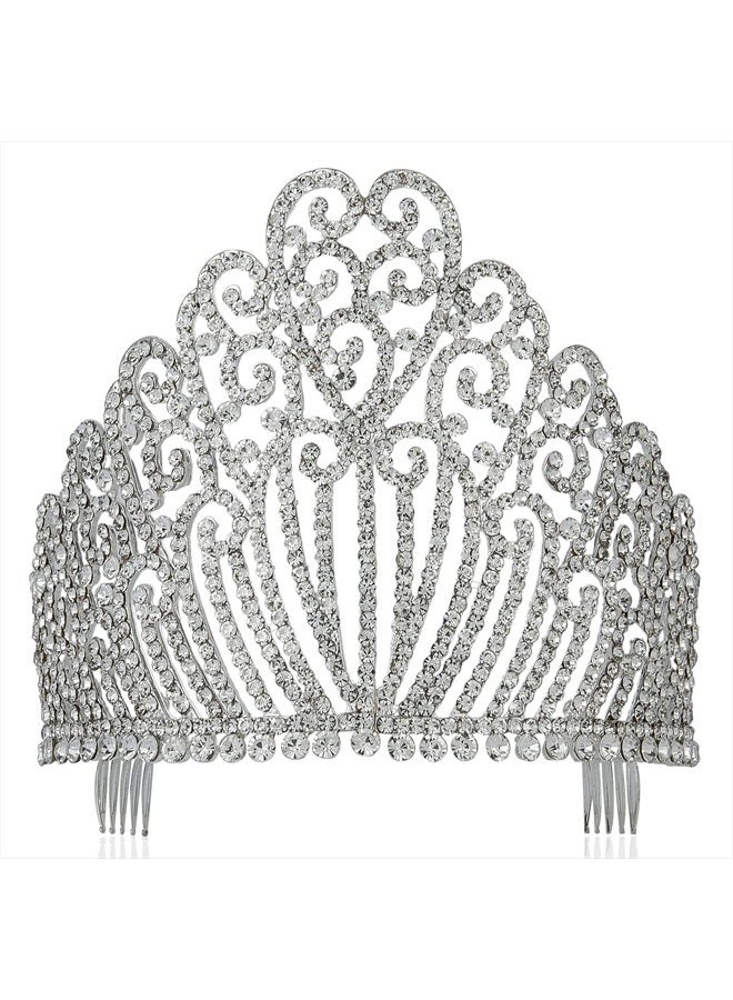 Janefashions 5.25"h Clear White Austrian Crystal Rhinestone Tiara With Hair Combs Crown Headband Headpiece Queen Princess Pageant Party Theater Show Silver T11990 - Image 1