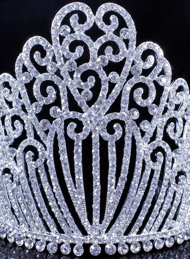 Janefashions 5.25"h Clear White Austrian Crystal Rhinestone Tiara With Hair Combs Crown Headband Headpiece Queen Princess Pageant Party Theater Show Silver T11990 - Image 3