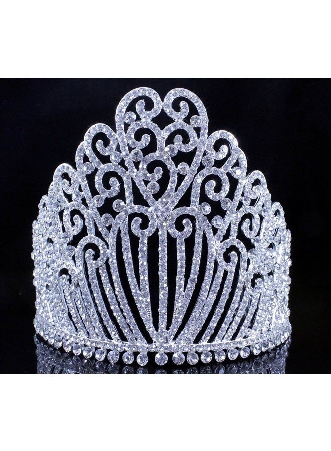 Janefashions 5.25"h Clear White Austrian Crystal Rhinestone Tiara With Hair Combs Crown Headband Headpiece Queen Princess Pageant Party Theater Show Silver T11990 - Image 2