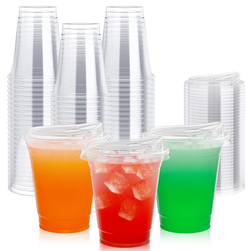 Lilymicky 100 PACK 12 oz Clear Plastic Cups With Strawless Sip Lids Disposable Plastic Cups With Sip Through Lids for Ice Coffee Smoothie Slurpee or Any Cold Drinks