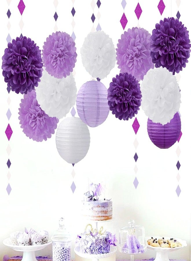 Hugfond Purple-White Lavender Party Decorations Paper Flowers Lanterns - 15PCS Birthday Graduation Tissue Pom Poms Streamers, Baby Bridal Shower Wedding Retirement Bachelorette Hanging Supplies Decor - Image 2