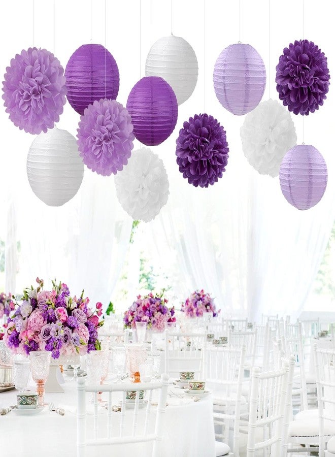 Hugfond Purple-White Lavender Party Decorations Paper Flowers Lanterns - 15PCS Birthday Graduation Tissue Pom Poms Streamers, Baby Bridal Shower Wedding Retirement Bachelorette Hanging Supplies Decor - Image 3