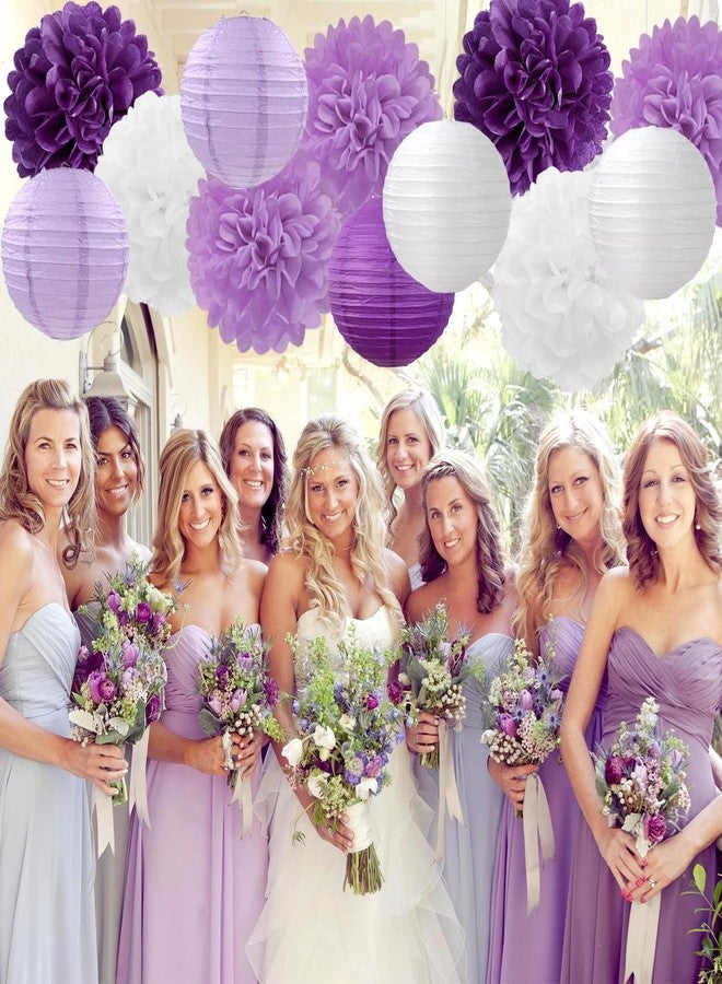 Hugfond Purple-White Lavender Party Decorations Paper Flowers Lanterns - 15PCS Birthday Graduation Tissue Pom Poms Streamers, Baby Bridal Shower Wedding Retirement Bachelorette Hanging Supplies Decor - Image 5