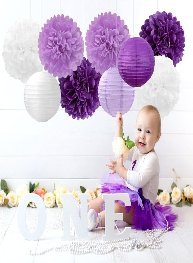Hugfond Purple-White Lavender Party Decorations Paper Flowers Lanterns - 15PCS Birthday Graduation Tissue Pom Poms Streamers, Baby Bridal Shower Wedding Retirement Bachelorette Hanging Supplies Decor - Image 4