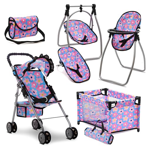 Dolls To Play Baby Doll Stroller Bed and Swing Nursery Playset Baby Doll Accessories Furniture Set Convertible High Chair Diaper Bag Role Play Deluxe Blue Doll Set - Image 1