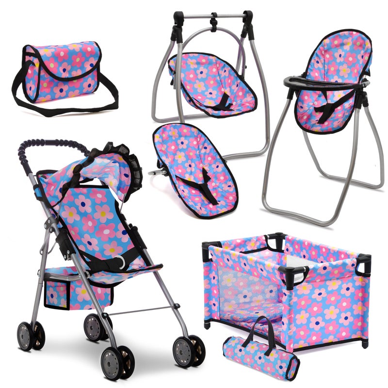 Dolls To Play Baby Doll Stroller Bed and Swing Nursery Playset Baby Doll Accessories Furniture Set Convertible High Chair Diaper Bag Role Play Deluxe Blue Doll Set - Image 2