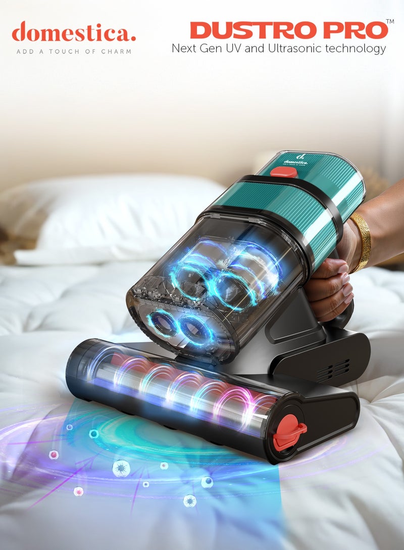 دوماستيكا مكنسة السرير Dustro Pro للاستخدام المنزلي مزوّدة بضوء UV-C، بقوة شفط عالية تصل إلى 16000 باسكال ومستشعر غبار لإزالة عثة الفراش وشعر الحيوانات الأليفة | مكنسة مراتب سلكية محمولة باليد مزوّدة بشاشة رقمية، فلتر HEPA، سرعة 45000 دورة في الدقيقة، موجات فوق صوتية وهواء ساخن بدرجة 60° مئوية.  - Image 2