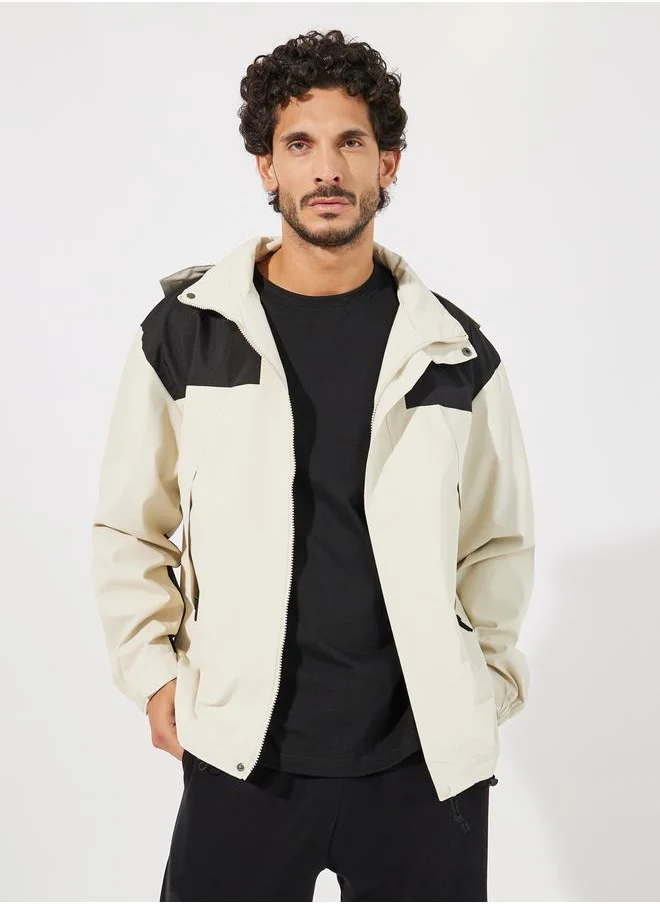 Styli Color Block Windbreaker Hooded Jacket with Zip Detail