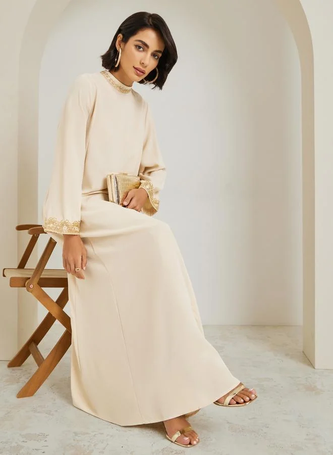Amirah  Women Lace Trim Flared Sleeve Jalabiya for Women | Best Price UAE