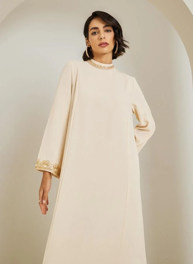 Amirah  Women Lace Trim Flared Sleeve Jalabiya for Women | Best Price UAE
