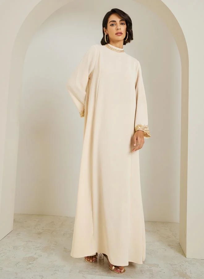 Amirah  Women Lace Trim Flared Sleeve Jalabiya for Women | Best Price UAE