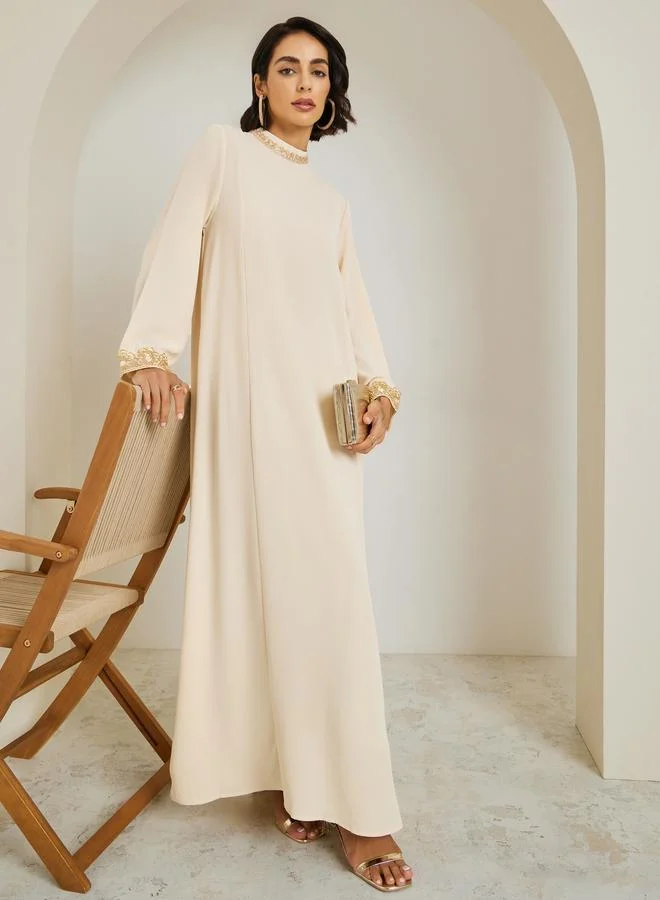 Women Lace Trim Flared Sleeve Jalabiya
