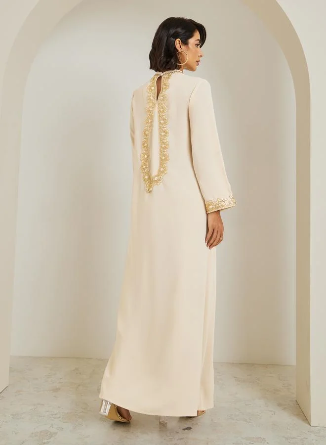 Amirah  Women Lace Trim Flared Sleeve Jalabiya for Women | Best Price UAE