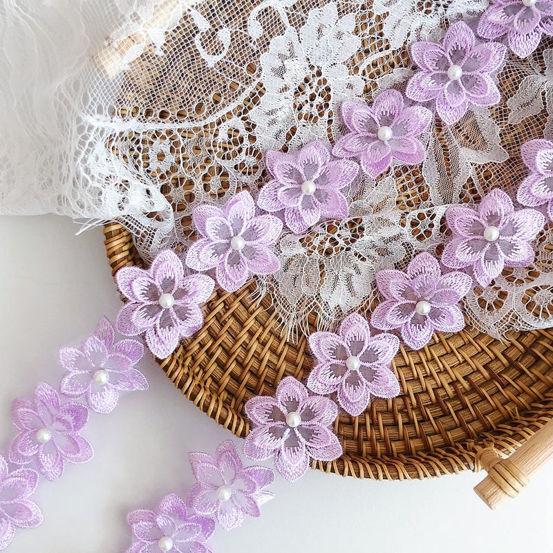 3Yards Organza Flower Lace Edge Trim Ribbon Vintage Edging Trimmings Fabric Embroidered Applique Sewing Craft for Wedding Dress Embellishment DIY Dress Decor Purple