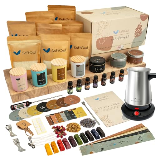 SoftOwl Premium Soy Candle Making Kit with Electric Melter - Soy Wax, Big 7oz Jars & Tins, 7 Pleasant Scents, Color Dyes & More - Perfect as Home Decorations - DIY Starter Scented Candles Making Kit - Image 1