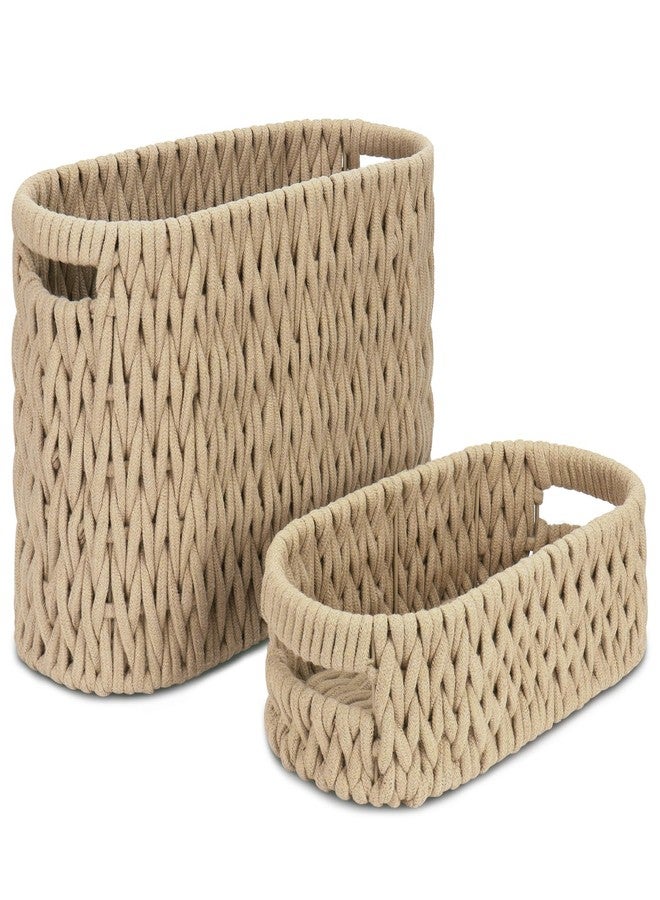 Jukercici Boho Toilet Paper Storage Baskets, Cotton Rope Woven Bathroom Basket Set of 2, Standing Toilet Paper Holder for 6 Mega Rolls,Storage Bins for Toilet Tank Top, Bathroom Organizer Decor (Brown 2 Pack) - Image 1
