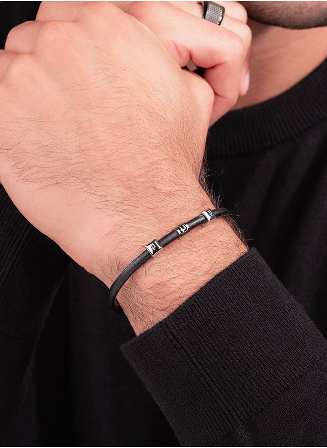 POLICE - Flake Black Leather With Stainless Steel Logo Gents BraceletPEAGB0033902 - Image 1