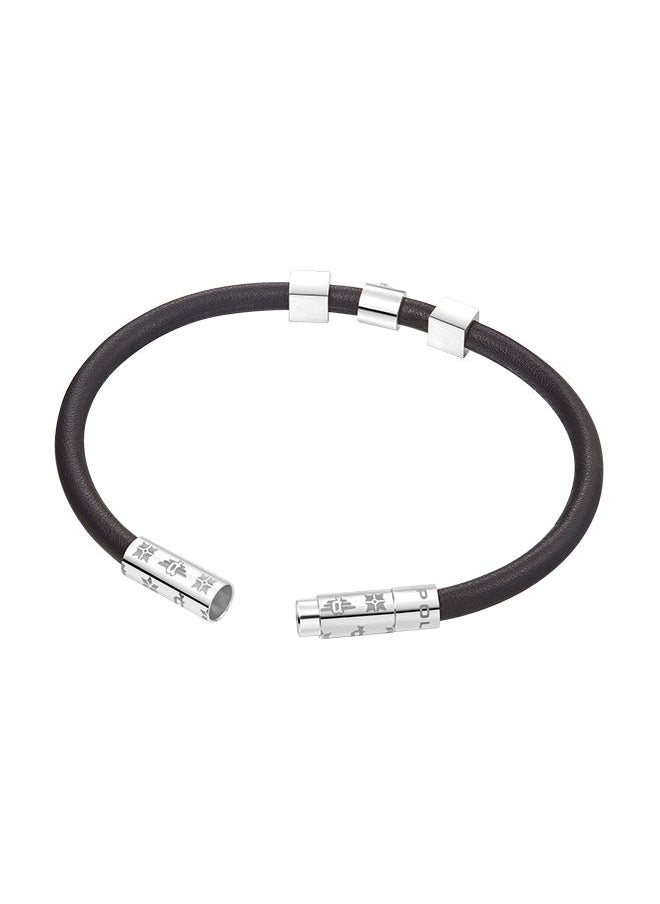 POLICE - Flake Black Leather With Stainless Steel Logo Gents BraceletPEAGB0033902 - Image 1