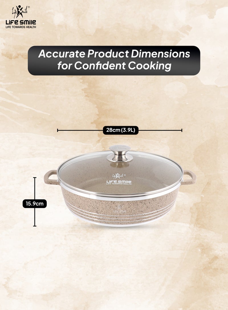 Life Smile 28cm (3.9 Liters) Nonstick Shallow Pot- Cooking Pot - Multi Layer Non Stick Granite Cookware 100% PFOA Free Cookwares- Shallow Pot with Glass Lid & Stainless Steel Rim - Oven safe Pots  - Image 3
