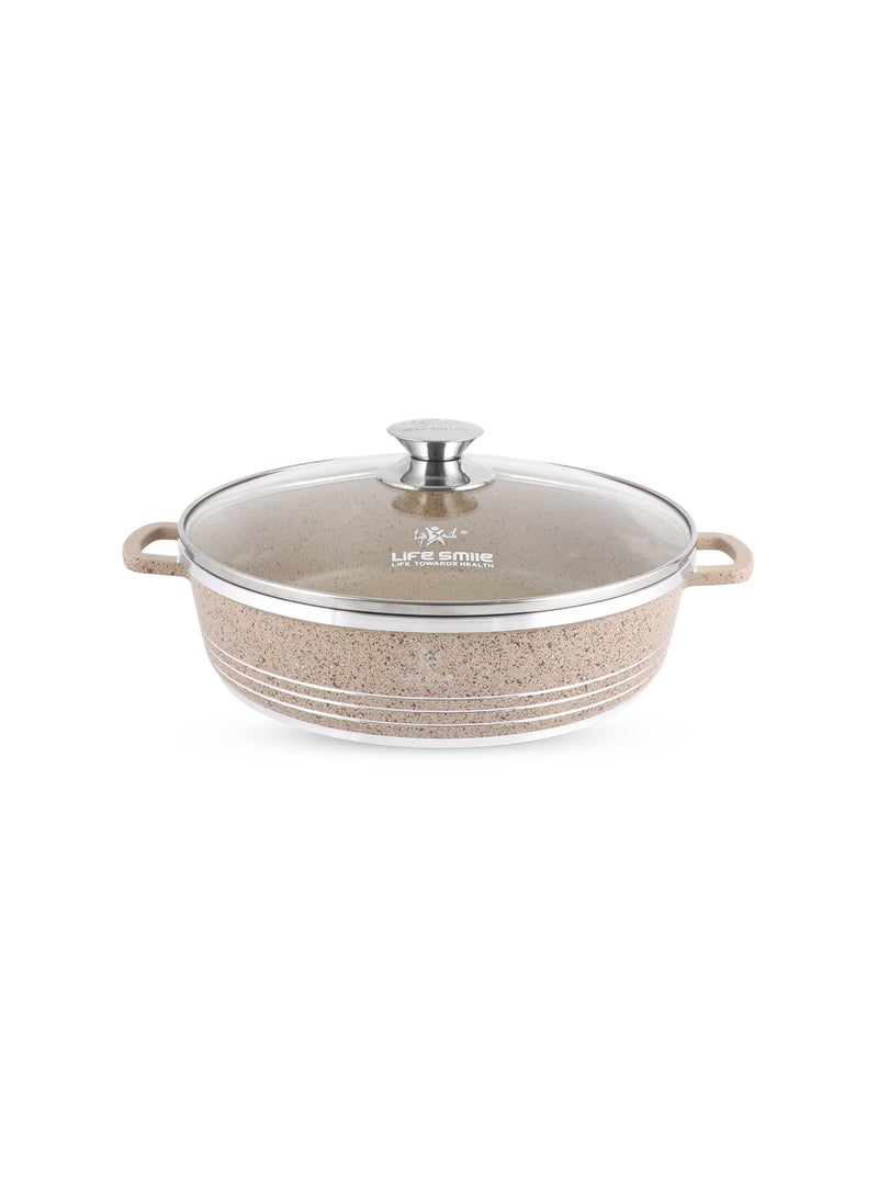 Life Smile 28cm (3.9 Liters) Nonstick Shallow Pot- Cooking Pot - Multi Layer Non Stick Granite Cookware 100% PFOA Free Cookwares- Shallow Pot with Glass Lid & Stainless Steel Rim - Oven safe Pots - Image 1