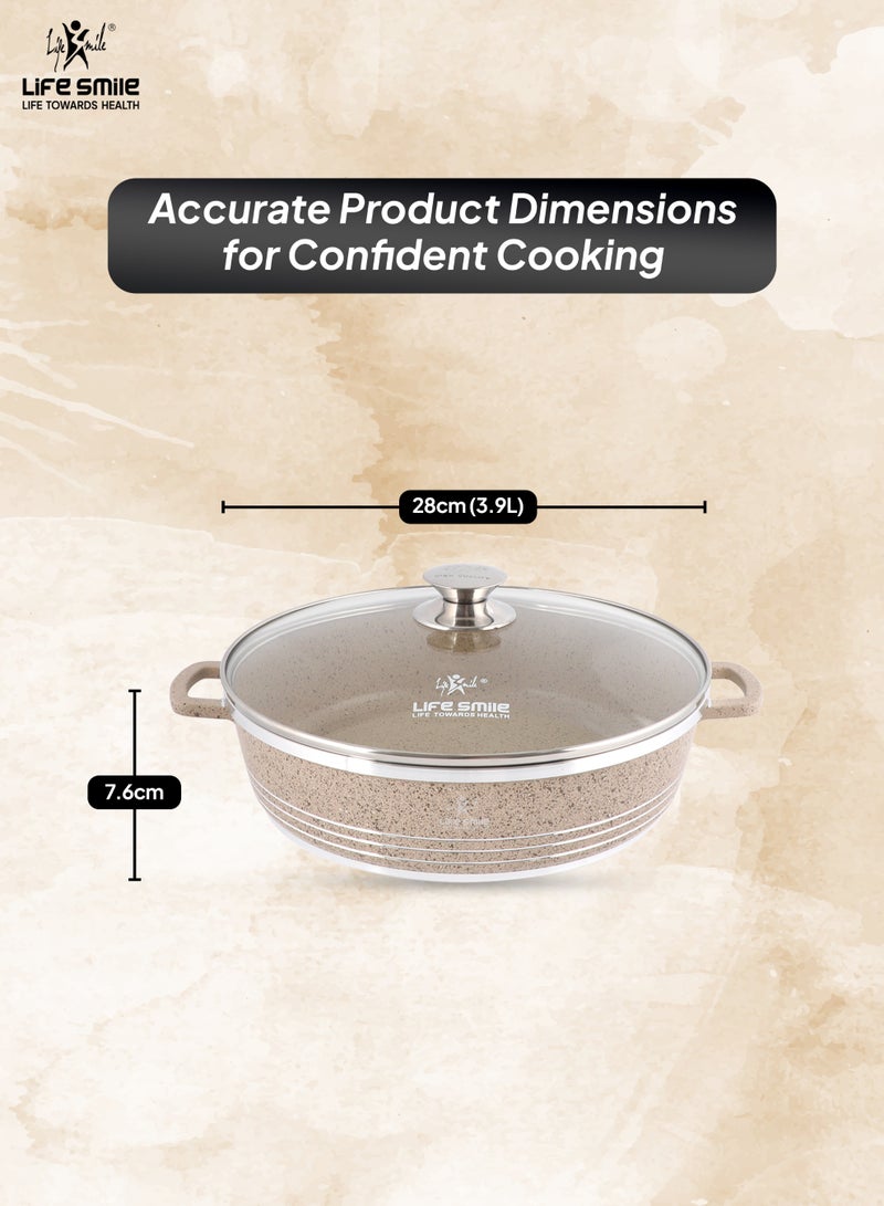 Life Smile 28cm (3.9 Liters) Nonstick Shallow Pot- Cooking Pot - Multi Layer Non Stick Granite Cookware 100% PFOA Free Cookwares- Shallow Pot with Glass Lid & Stainless Steel Rim - Oven safe Pots - Image 3