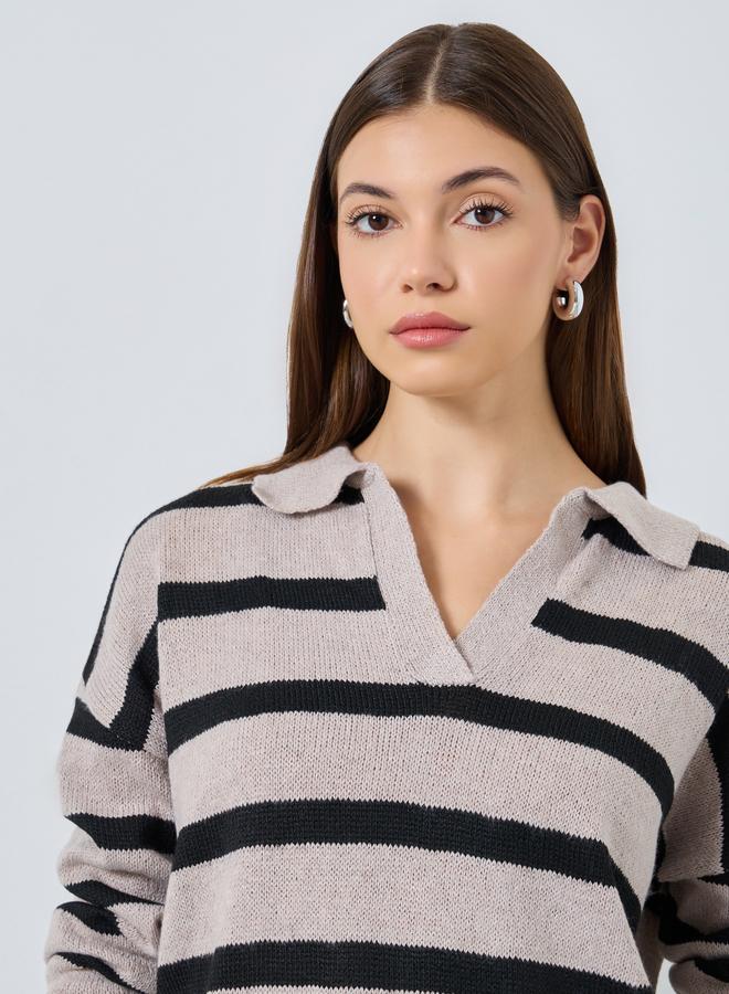 Styli Beige Striped Knit Polo T-Shirt - Image 3