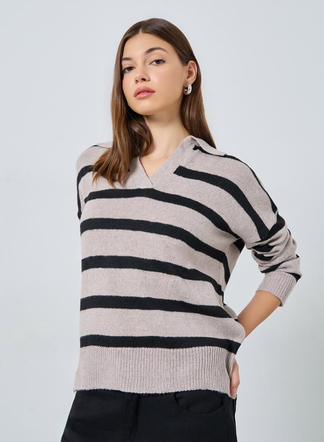 Styli Beige Striped Knit Polo T-Shirt - Image 1