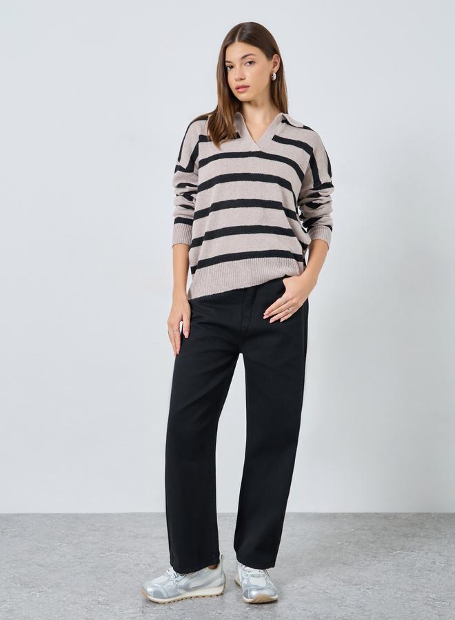 Styli Beige Striped Knit Polo T-Shirt - Image 2