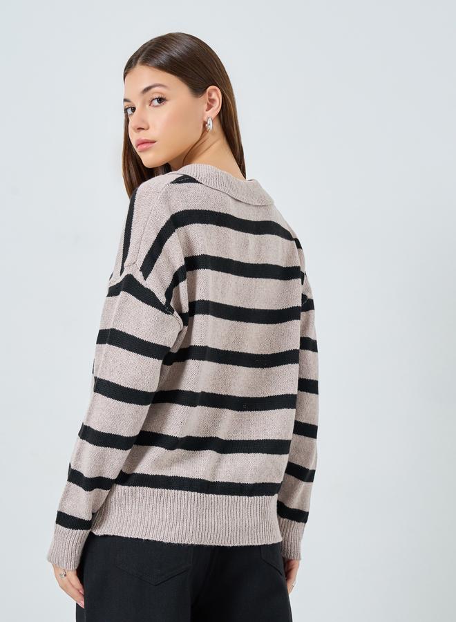 Styli Beige Striped Knit Polo T-Shirt - Image 4