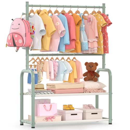 ZHKINGGS Kids Clothing Rack with 2-Layer Storage Shelf and 2 Adjustable Hanging Rods, Dress Up Rack for Hanging Clothes,Dress up Storage for Baby Toddle Kids(Classic, Green) - Image 1