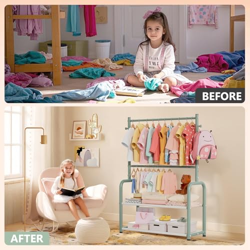 ZHKINGGS Kids Clothing Rack with 2-Layer Storage Shelf and 2 Adjustable Hanging Rods, Dress Up Rack for Hanging Clothes,Dress up Storage for Baby Toddle Kids(Classic, Green) - Image 5