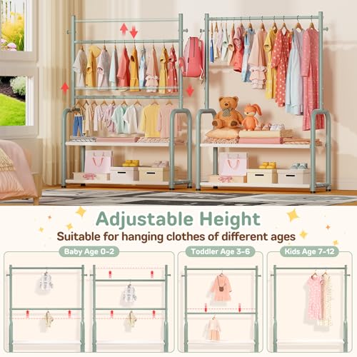ZHKINGGS Kids Clothing Rack with 2-Layer Storage Shelf and 2 Adjustable Hanging Rods, Dress Up Rack for Hanging Clothes,Dress up Storage for Baby Toddle Kids(Classic, Green) - Image 2