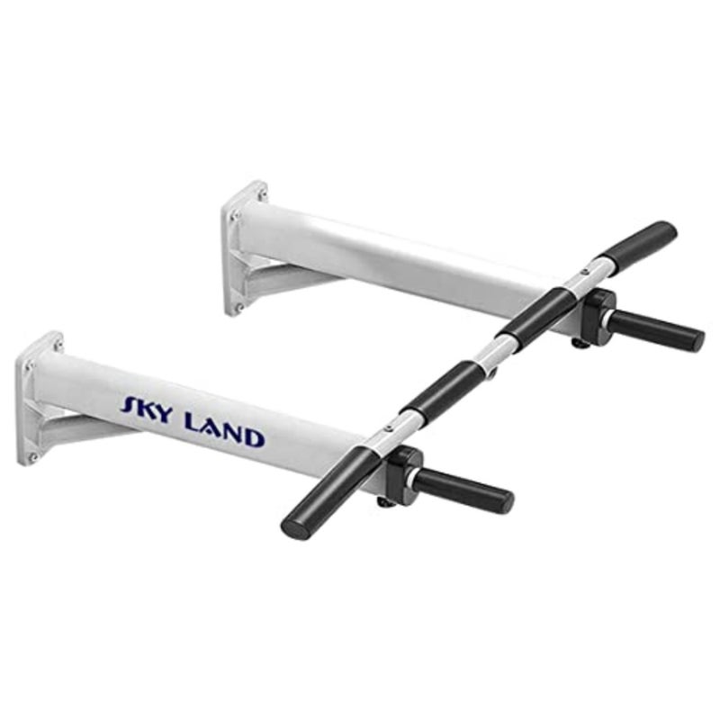 Wall Mounted Pull Up and Dip Station Bar, White, Large, EM-1199 Multifunctional wall-mounted chin-up bar and dip station with anti-slip grips for leg raises and boxing training in home gym - Image 1