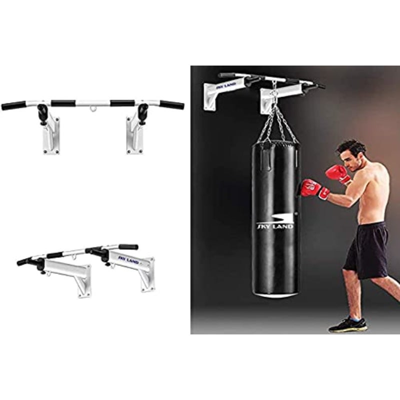 Wall Mounted Pull Up and Dip Station Bar, White, Large, EM-1199 Multifunctional wall-mounted chin-up bar and dip station with anti-slip grips for leg raises and boxing training in home gym - Image 3