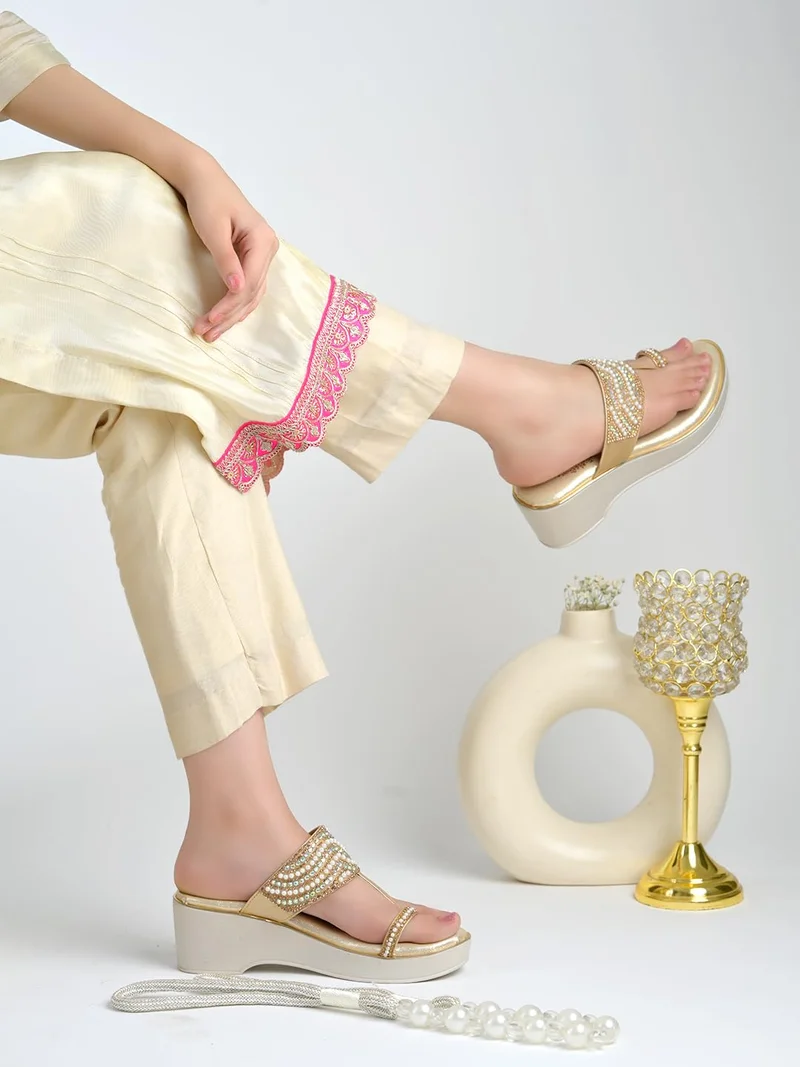 شوتوبيا Shoetopia Women’s Beige Wedge Sandals with Chain Strap Design || Comfortable Slip-On Platform Heels for Casual & Party Footwear EU41