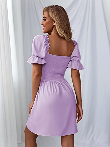 WDIRARA Women's Square Neck Flounce Short Sleeve Shirred Ruffle Hem Dress Purple Solid M - Image 2