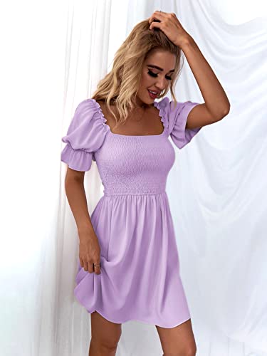 WDIRARA Women's Square Neck Flounce Short Sleeve Shirred Ruffle Hem Dress Purple Solid M - Image 3