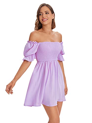 WDIRARA Women's Square Neck Flounce Short Sleeve Shirred Ruffle Hem Dress Purple Solid M - Image 5