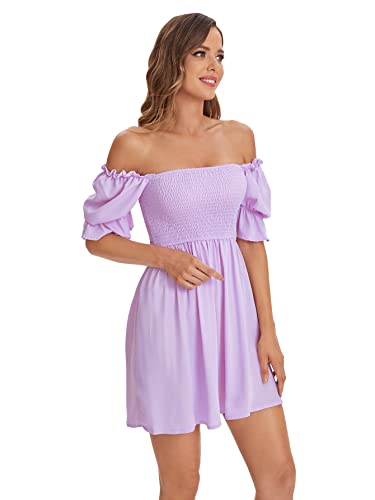 WDIRARA Women's Square Neck Flounce Short Sleeve Shirred Ruffle Hem Dress Purple Solid M - Image 4