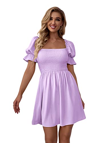 WDIRARA Women's Square Neck Flounce Short Sleeve Shirred Ruffle Hem Dress Purple Solid M - Image 1